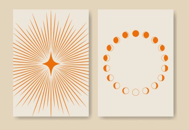 Yüzyılın ortalarında, minimalist çağdaş baskı seti. Vektör tasarımı. Soyut ay evreleri posterleri. Estetik posterler, duvar sanat dekoru, minimalist sanat baskısı arka plan, sihirli konsept