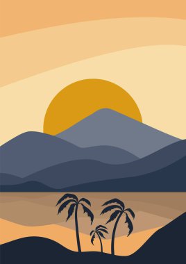 Göl ve dağların basılabilir duvar resimleriyle minimalist bir manzara. Sahilde bir akşam. Gün batımında ağaç siluetleri. Dağlar manzaralı. Yazın palmiye ağaçları olan ada.