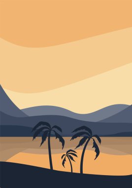 Göl ve dağlarla kaplı estetik manzara, basılabilir duvar sanatı. Sahilde bir akşam. Gün batımında ağaç siluetleri. Dağlar manzaralı. Yazın palmiye ağaçları olan ada.