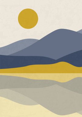 Göl ve dağların basılabilir duvar sanatıyla estetik minimalist manzara. Gün batımı ve yansıma izi bohem sanat eserleri. Boho tarzında, deniz ve güneşli klasik çizimler.