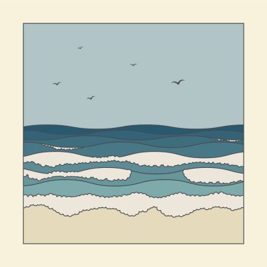 Uçan kuşların poster resimleriyle deniz manzarası. Dalga vektör tasarımlı deniz. Boho kartpostal dekoru. Orta yüzyıl modern minimalist sanat baskısı