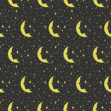 Ay sarısı, pürüzsüz desenli bir kadın profili. Tarot soyut gök cisimleri. Düzenlenebilir vektör çizimi. Dijital kağıt ve kumaş için sonsuz dokuyu yönlendir
