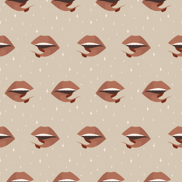 Woman lips and fingers seamless pattern. Nude makeup. Valentines Day kiss. Flat graphic girl mouth. Romantic feminine design. Female lips expressed emotion