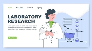 Bilim adamı web pankartı tasarımı için modern düz konsept araştırması yapıyor. Cam tüp, bilim aletleri. Tıbbi danışmanlık ve destek. Bilim laboratuarında deneyler