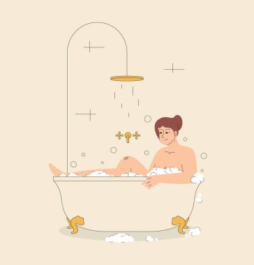Köpük spa vektör resimli mutlu tombul kadın küvette. Aşırı ağırlık, vücut pozitifliği. Artı boyut. Beyaz kadın, çizgi film karakterinde günlük hijyen rutini yapıyor.