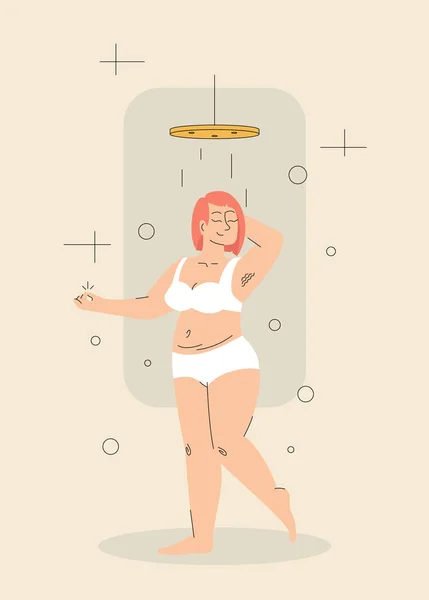 Happy Woman Standing Shower Vector Illustration Character Washing Body Cartoon — Stock Vector