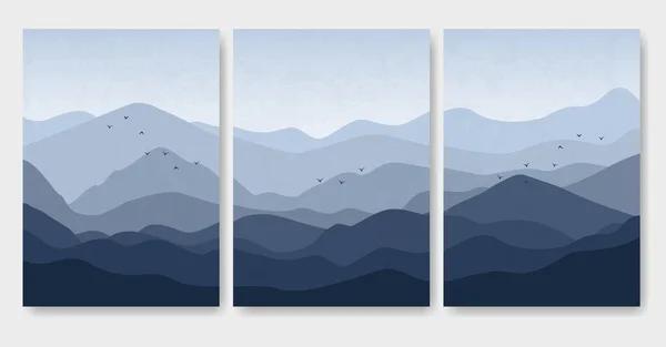 Estética Minimalista Montanhas Azuis Com Aves Voadoras Cartazes Paisagem Ilustração — Vetor de Stock