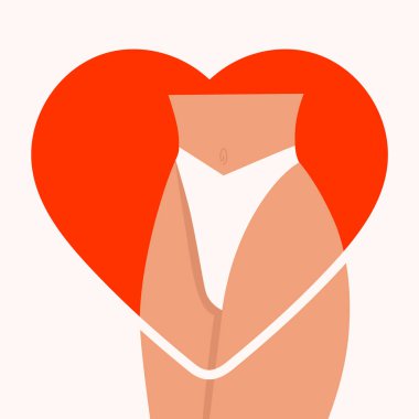 Kadın tüy dökümü ve hijyen çizimi. Kadın sağlığı, vücut pozitifliği. Bikini çizgisi. Vücut vektör kartına bayıldım.