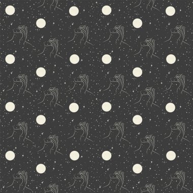 Gizemli kadın eskiz iziyle kusursuz desen. Cadılar Bayramı mistik sanatı. Estetik esrarengiz ve kabile bohem sanat eserleri. Dijital kağıt ve kumaş için sonsuz doku. Kadınsı kavram