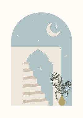 Soyut gece mimarisi merdiven illüstrasyon posteri. Minimalist Arap gece sanatı. Modern estetik binalar. Duvar dekorasyonu için bohem stili sanatsal tasarım