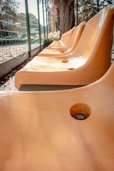 Close Yellow Seats Tribune Public Park Concept Photo Chairs Audience — Stock Photo, Image