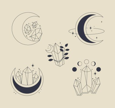 Çizgi sanatı iyileştirme kristali ve gizemli elementler ay konsepti. Kozmetik veya güzellik ürünleri için simya sembolü. El çizimi astroloji sembolleri. Esrarengiz ve mistik vektör çizimi