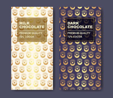 Altın desenli çikolata paket dizaynı. Modern tipografi ve el çizimi hepsi göz sembolü arka plan düzeni. Düzenlenebilir ambalaj şablonu koleksiyonu.