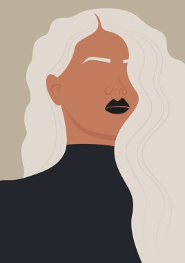 Beyaz saçlı güzel bir genç kadının estetik çizimi. Albino kız portresi. Moda hanımefendisiyle duvar dekoru. Çağdaş sanatsal poster. Yatak odası dekorasyonu için orta yüzyıl sanat baskısı, bohem sanat eserleri