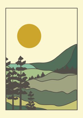 Estetik yeşil çayır manzarası ve dağların çizimi. Güneş ve ormanlı modern boho arka planı, minimalist duvar dekoru. Vektör a4 sanat baskısı