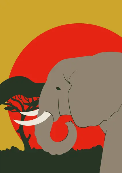 在萨凡纳插图中 带有大象的美学海报 五彩缤纷的夕阳西下在非洲大陆Boho简约印刷墙体艺术 — 图库矢量图片