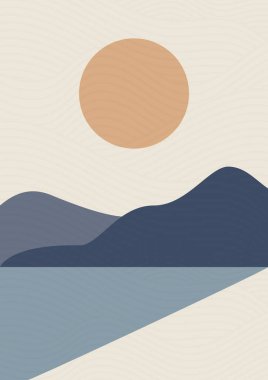 Deniz kenarı ve dağlar manzara illüstrasyonu posteri. Minimalist modern vektör karikatürü. Modern moda tasarım. Duvar Sanatı Dekorasyonu.