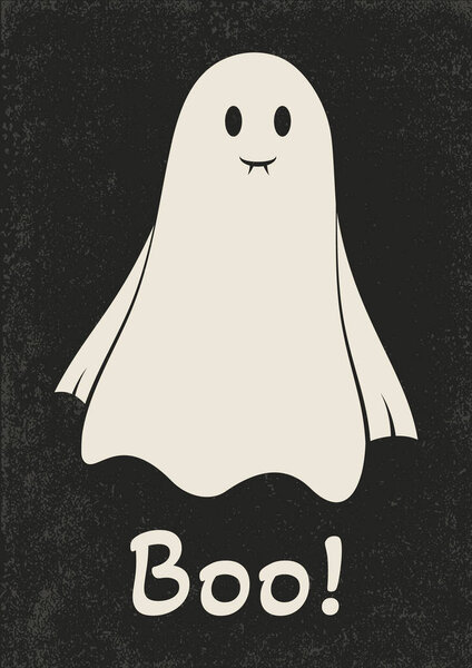 Happy Halloween poster with funny ghost illustration. Ghost on black background with Boo text. Holiday Halloween Eve or Saints Eve. Vector vampire art