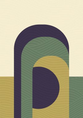 Estetik minimalist iç unsurlar poster illüstrasyonu. Kapı ve kemer mimarlık sanatı. Modern renkli geometrik tasarım. Duvar dekorasyonu için Boho stili sanatsal tasarım