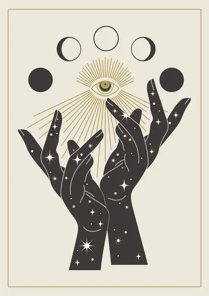 Ay evreleri illüstrasyon posterli mistik eller. Marka ya da logo simgesi. El çizimi astroloji sembolleri, hepsi gören göz. Esrarengiz ve mistik vektör sanatı