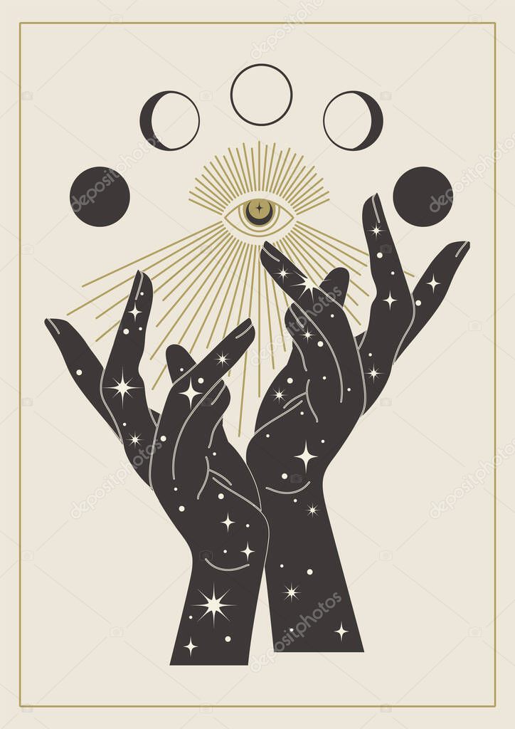 Mystic hands with moon phases illustration poster. Alchemy symbol for branding or logo. Hand drawn astrology symbols, all seeing eye. Esoteric and mystical vector art