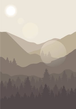 Uçan kuşların posterleriyle dağları seyret. Estetik minimalist sis ormanı. Japon peyzaj posteri çizimi. Vektör sanat baskısı koleksiyonu. Boho duvar dekoru.