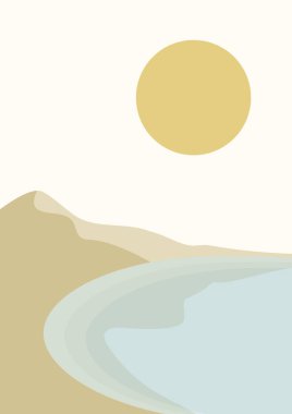 Deniz kenarı ve kumullar manzara resimli poster. Minimalist vektör karikatür gölü ve dağlar. Modern moda tasarım. Afrika Duvar Sanat Dekorasyonu.