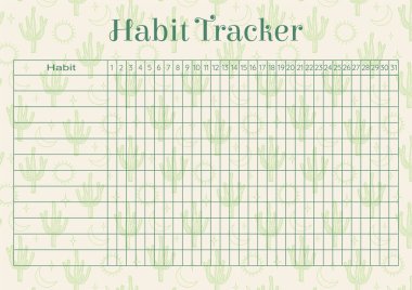 Kaktüs resimli çocuksu bir tasarım. Boş yazdırılabilir hedef ayarlama tablosu. Şirin karikatür unsurları olan kişisel organizatör. Okul kırtasiyesi, mistik tasarım için yazdırılabilir arkaplan