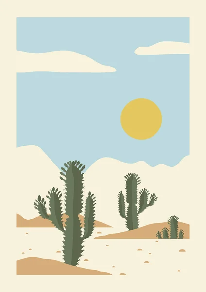 Australian bush, cloudy weather poster illustration. Aesthetic sunny desert landscape. Boho wall decor. Mid century modern minimalist art print