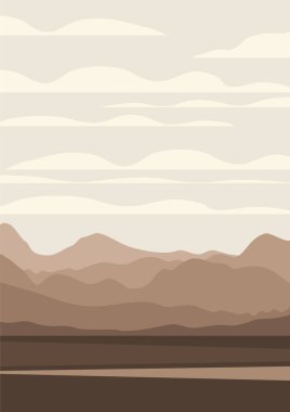 Dağların manzara sanatıyla çağdaş estetik arka plan. Terracotta renkleri. Boho duvar dekoru, bulutlu vadi. Orta yüzyıl modern minimalist sanat baskısı.