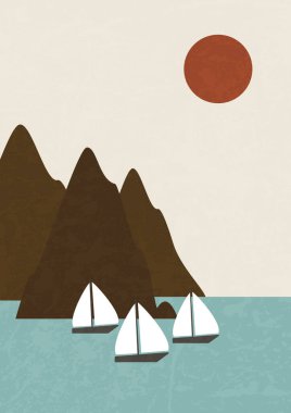 Minimalist deniz manzarası ve bebek odası illüstrasyon posteri. Günbatımında Norveç fiyordu, düz bir şekilde güzel İskandinav doğa manzarası. Sahil kenarında yelkenli bir gemi, gün doğumunda nehir manzaralı.