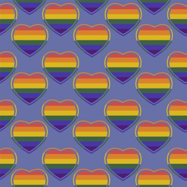 Gökkuşağı kalpli kusursuz vektör deseni. Eşcinsel gurur bayrağı renkli illüstrasyon. LGBTQ desteği. Renkli fayans, baskı ve tekstil için çizimler tekrarlanıyor.