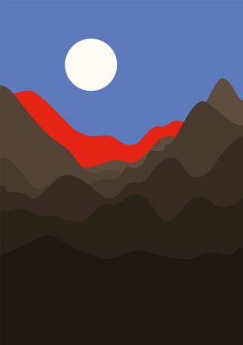 Zirveli dağlar ve günbatımı illüstrasyon posteri. Minimalist kırmızı gündoğumu duvar dekoru. Duvar dekorasyonu için bohem stili sanatsal tasarım. Orta yüzyıl modern minimalist sanat baskısı