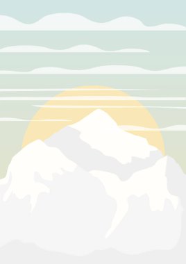 Kış karlı tepelerin manzarası. Seyahat, kış yürüyüşü. Karlı bir manzara, minimalist duvar dekoru. Vektör resim baskısı