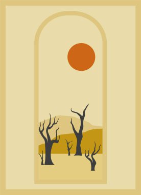 Desert landscape, sunny dunes and dry tree illustration. Vector art of a desert landscape with dead trees. Mid century modern minimalist art print.