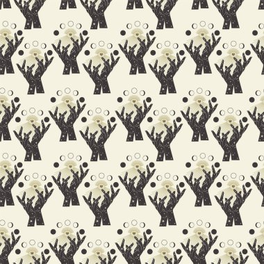 Bej arka planda gizemli elleri olan kusursuz bir desen. Vektör kabile çizimi. Mistik ay evreleri duvar kâğıdı, Cadılar Bayramı sanatı. Paket kağıdı, kumaş baskısı, duvar kağıdı için.