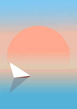 Deniz ve taşıyıcı illüstrasyonla sabah manzarası. Norveç fiyordu. Düz tarzda İskandinav doğası. Deniz kenarına yakın bir gemi. Bebek baskısı, yatak odası dekorasyonu için resim baskısı.