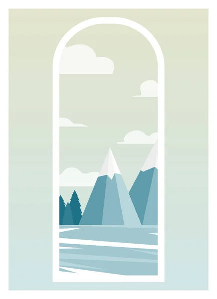 Winter scene landscape with frozen lake, mountains. Snowy pine trees and forest view. Cold weather, minimalist wall decor. Vector art print
