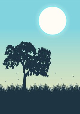 Güzel yaz manzarasının vektör çizimi. Çayırda tek bir ağaç, parlak mavi gökyüzü. Düz çizgi film tarzında kırsal arkaplan.