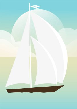 Deniz ve taşıyıcı illüstrasyonla sabah manzarası. Deniz kenarında bulutlar. Düz tarzda İskandinav doğası. Yelkenli gemi. Bebek baskısı, yatak odası dekorasyonu için resim baskısı.