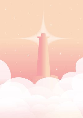 Bulutların arasında deniz feneri olan bir deniz manzarası. Bulanık manzaralı bir deniz ufku. Sahil şeridine yakın deniz kenarında. Posterler, tebrik kartları ve kapaklar için iyidir..