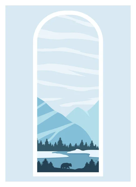 View of Frozen mountains lake landscape. Forest with wildlife animals, bear silhouette illustration poster. Mid century modern vector illustration with parkland and lake.