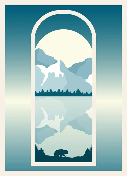 View of frozen mountains lake landscape view. Forest with wildlife animals, bear silhouette illustration poster. Mid century modern vector illustration with parkland and lake.