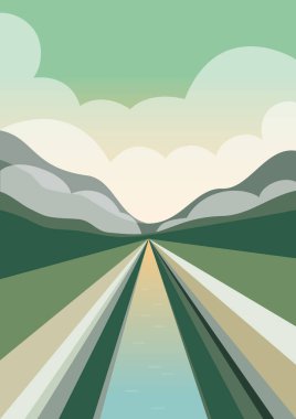 Nehirle kaplı estetik bir manzara. Minimalist bulutlu dağlar bohem sanat eserleri basıyor. Su ile boho tarzında klasik kırsal sanat. Poster için arkaplan.