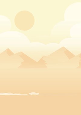 Çölde dağlar ve bulutlarla dolu bir araba. Otoyol ve geçen bir araba manzarası çizimi. Vahşi batı manzaralı bej renkli karikatür. Orta yüzyıl modern minimalist sanat baskısı