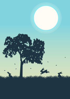 Tavşan silueti bahar alacakaranlık çayırında. Sihirli sisli Paskalya bahar manzarası. Tavşan dolunayın altında oynuyor. Orta yüzyıl modern minimalist sanat baskısı.