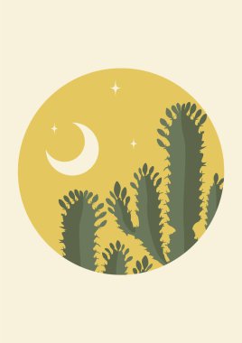 Saguaro kaktüs resimli estetik gece çalısı. Sarı tonlar, bej renkler. Boho duvar dekoru. Orta yüzyıl modern minimalist sanat baskısı. Yuvarlak şekil