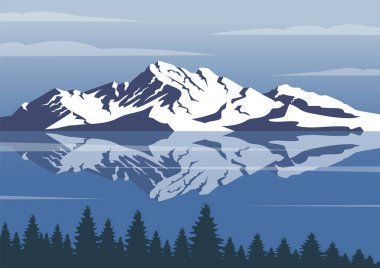 Göl illüstrasyonu yakınlarındaki Alps Dağı manzarası. Orman ve su posterli minimalist manzara. Donmuş kış Alpleri ile modern boho arka planı. Poster için arka plan, örtü. Orta yüzyıl modern minimalist sanat baskısı.