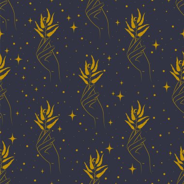 Eko üretimi kusursuz desen çizimi. El ele tutuşan bitki dalı. Estetik bohem sanat eseri. Dijital kağıt ve kumaş için sonsuz doku. Büyücülük, simya öğeleri sanatı