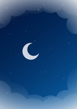 Mezuniyet gecesi ay çizimi posteri. Yıldızlı gökyüzünde güzel bir ay yükseliyor. Pankart ve tebrik kartı için renkli soyut bir arkaplan. Modern tarz. Moda vektör illüstrasyonu.